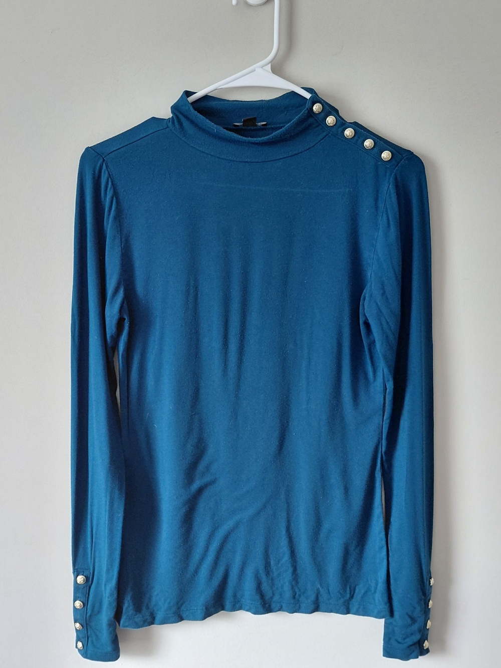 Ann Taylor Teal Long-Sleeve Mock Neck Top with Gold Buttons